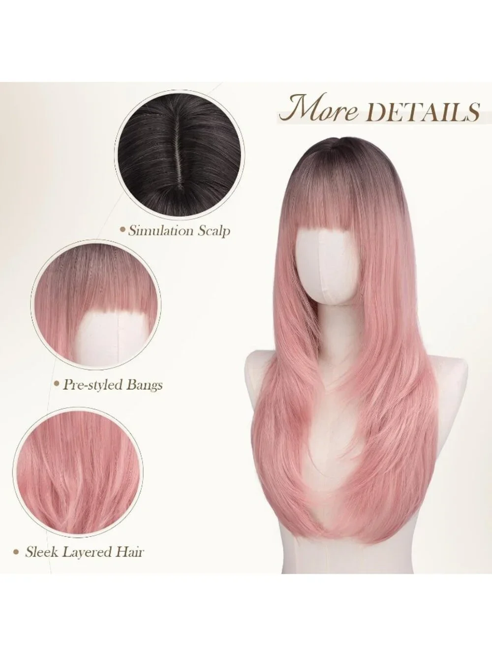 Women's Omber Pink 24 Inch Natural Synthetic Long Straight Sleek Layered Wigs